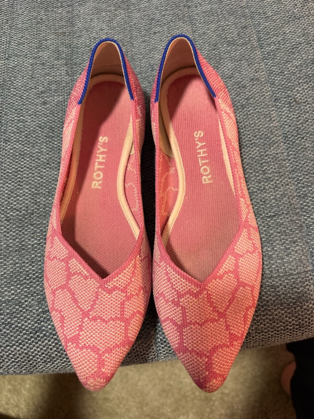 Rothy's Pink Pointed Knit Flats with Blue Trim
